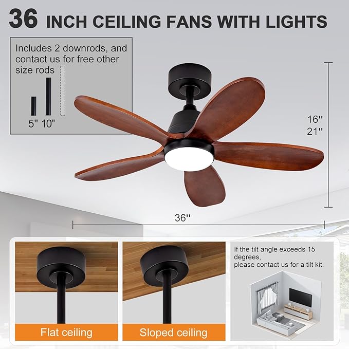 36 Inch Wood Ceiling Fans with Lights and Remote, Modern Ceiling Fan with Light, 5 Blades, Dimmable, Wall Switch, Reversible DC Motor, Memory Function, Indoor Outdoor for Bedroom Patio