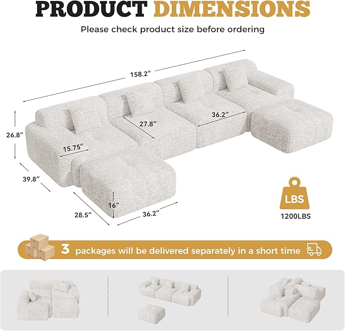 158" Modern U Shaped Modular Sectional Sofa, Boneless Couches for Living Room with Ottoman,6 Seater Convertible Chenille Cloud Couch Sofa Set, No Assembly Required, Beige 1 PCS