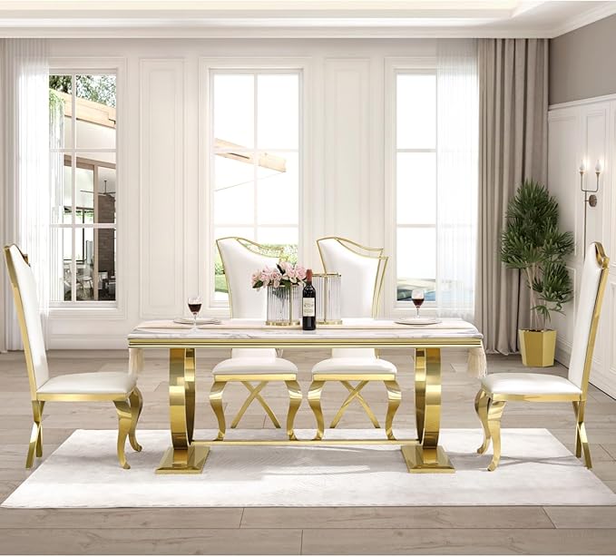 White and Gold Dining Chairs Set of 4, White PU Leather Dining Room Chair with Gold Polished Metal Legs, Glam Upholstered Kitchen Chairs for Dining Room, Kitchen, Living Room