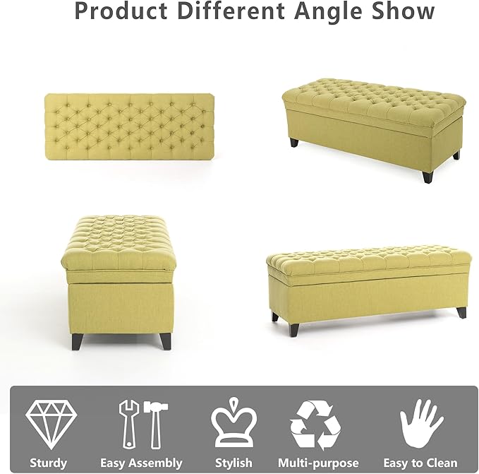Setawix Linen Storage Benches for Bedroom,50" Bed End Bench with Storage,Tufted Green Storage Ottoman Bench for Living Room,Rectangle Entryway Benches with Storage and Seating (Olive Green, Linen)