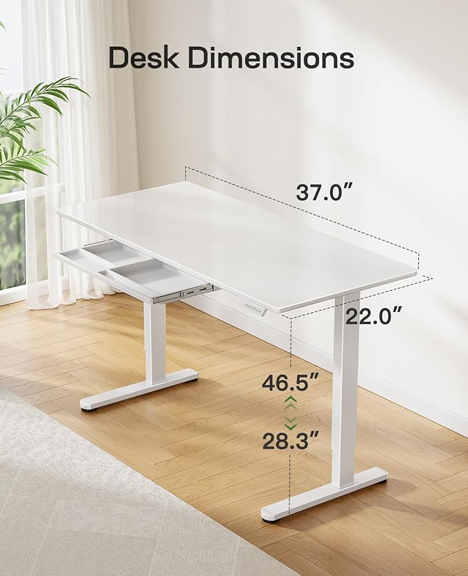 Marsail Glass Standing Desk with Drawer 37 x 22 Inches Stand up Desk Standing Desk Adjustable Height with One-Piece Tempered Glass Top, Ergonomic Home Office Desk with 4 Preset Heights White