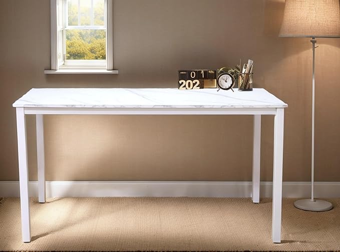 55 inch Large Computer Desk Wood, Modern Simple Style Desk for Home Office, Bedroom, Study Student Writing Desk, Small Spaces, White Metal Frame, Marble Grain Top