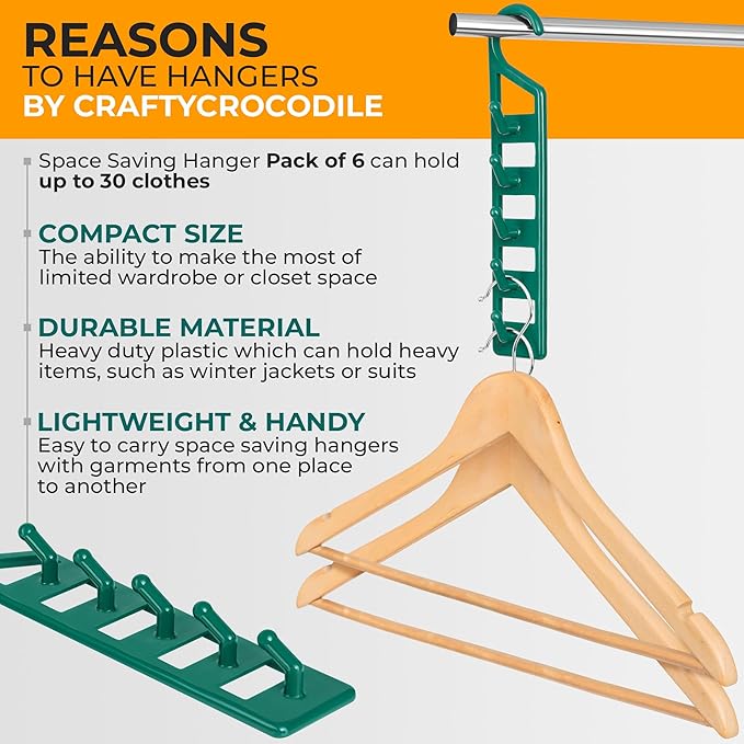 CraftyCrocodile Space Saving Hangers for Clothes - 6 in Pack, Heavy Duty Plastic, Multi Closet Space Savers for Shirts, Pants, Jeans, Sweaters - Hanger Organizer Space Saver