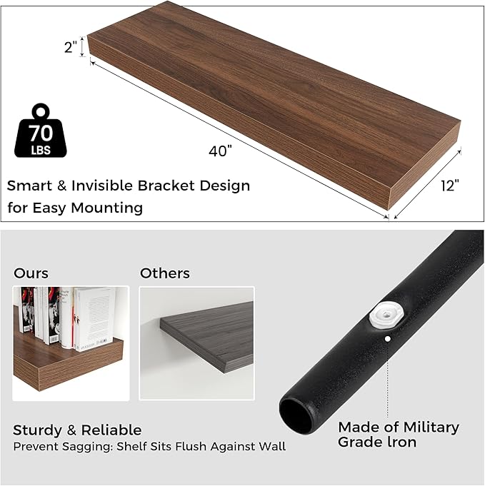 Floating Shelves for Wall, 40" W x 12" D x 2" H, 1 Pack of Long Wall Mounted Engineered Wood Shelves with Invisible Brackets for Living Room, Bedroom, Bathroom, Kitchen Decor, Walnut
