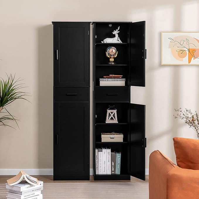 usikey 67'' Tall Storage Cabinet with 4 Shelves & 2 Doors, Bathroom Cabinet with 1 Drawer, Narrow Storage Cabinets for Bathroom, Living Room, Home Office, Black