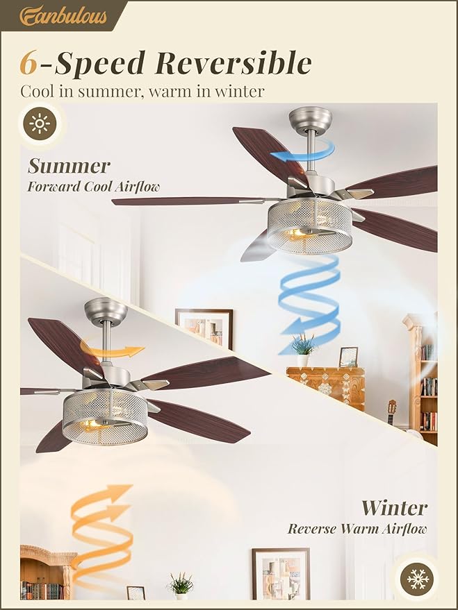 Fanbulous Farmhouse Brushed Nickel Ceiling Fans with Lights and Remote, 52 Inch Bedroom Caged Ceiling Fans for Living Room Kitchen，6 Speed Reversible Quiet DC Motor, Dual Finish 5 Blades