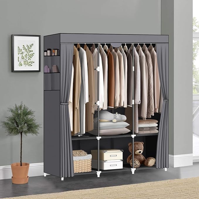 LOKEME Portable Closet, Wardrobe Closet with 3 Hanging Rods and 6 Storage Shelves and 4 Side Pockets, Gray Portable Closets for Hanging Clothes Easy to Assemble and Strong and Stable