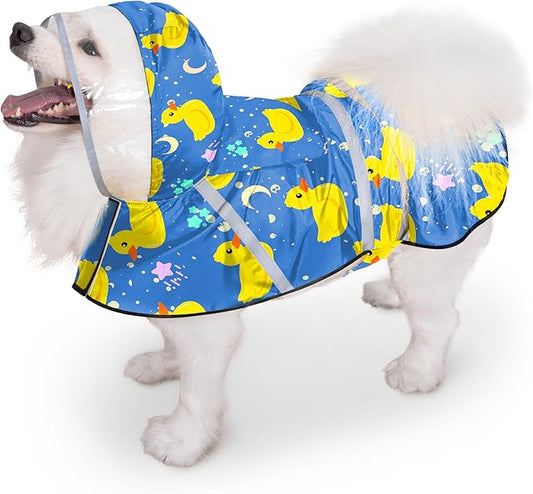 Dog Raincoat, Adjustable Dog Rain Jacket with Clear Hooded Double Layer for Large Medium Small Dogs Puppies, Waterproof Rain Coat Poncho Duck, Blue-XXL