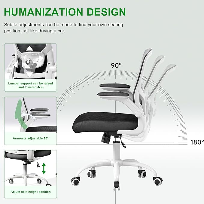 Ergonomic Office Chair High Back with Adjustable Lumbar Support, Mesh Computer Chair,Headrest and Flip-Up Arms for Executive, 90-120° Tilt Swivel Rolling Task Chairs(White-black6076)