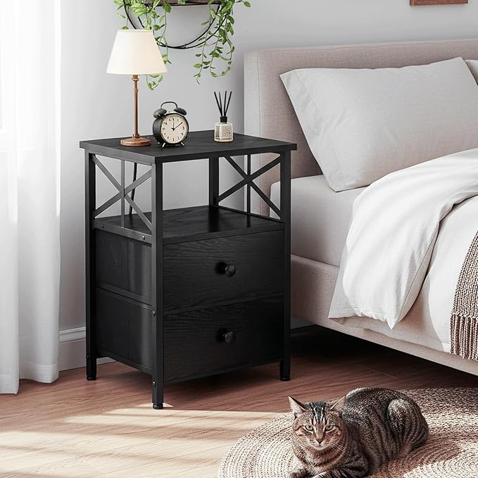 AMHANCIBLE Night Stand Set 2, Black Nightstand with Charging Station, End Tables Living Room with USB Ports and Outlets, Bedside Table with Fabric Drawers for Bedroom, HET05XBK