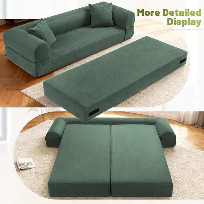 Convertible Futon Sofa Bed,80" Folding Pull Out Couch with Pillows & Storage Pocket, Oversized Queen Sleeper Sofa in a Box,Corduroy Boneless Couch for Living Room,Light Green