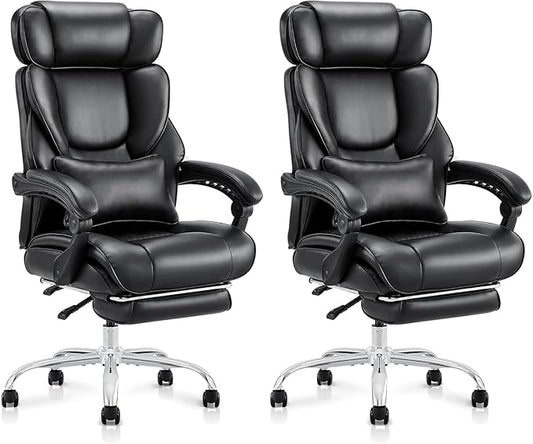 COLAMY Office Chair with Retractable Footrest, Ergonomic High Back Design Executive Computer Desk Chair with Removable Lumbar Pillow, 90-135°Reclining, Thick Bonded Leather, 2 PCs, Black