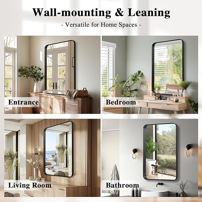 Wall Mirror 22" x 30" for Bathroom Black Metal Deep Frame Mirror for Wall Decorative Rectangular Round Corner Wall Mounted Vanity Mirror for Bedroom Entryway Living Room Wall Decor
