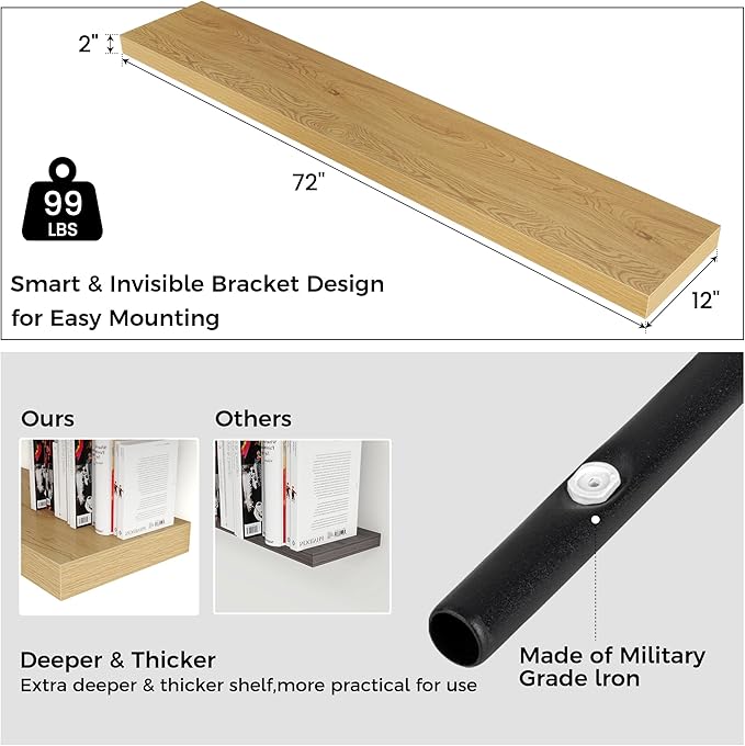 Floating Shelves for Wall, 72 Inch Wide x 12 Inch Deep Floating Shelves, Long Wood Floating Wall Shelf Shelves for Living Room Bathroom Bedroom Kitchen Home - (Oak, 72" W x 12" D x 2" H)