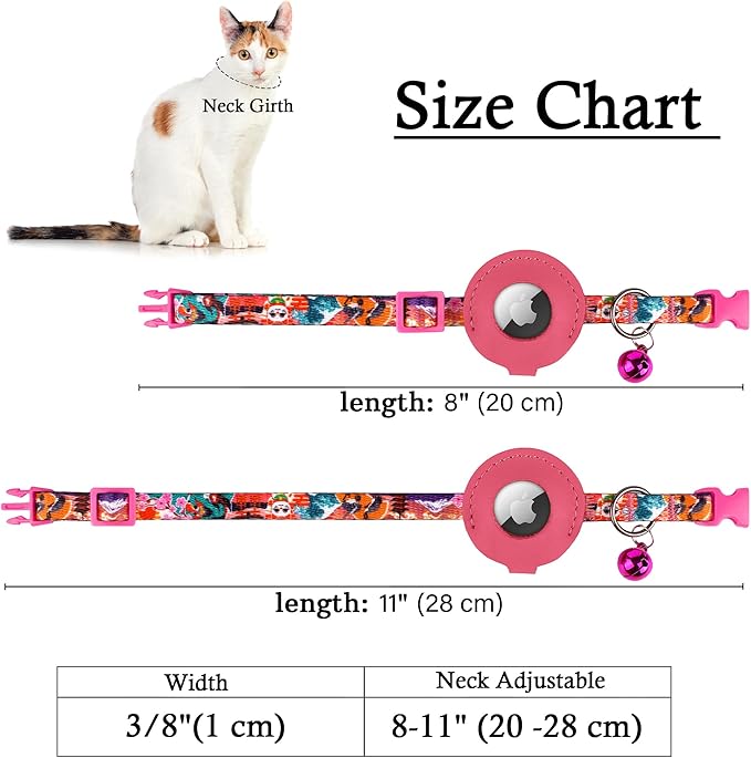 Airtag Cat Collar with Bell - Non Breakaway Soft Pet Collar with Leather Air Tag Holder - Adjustable GPS Anti-Lost Collars for Girl Boy Cats Kitten Puppies, Lightweight and Patterned (Japanese)