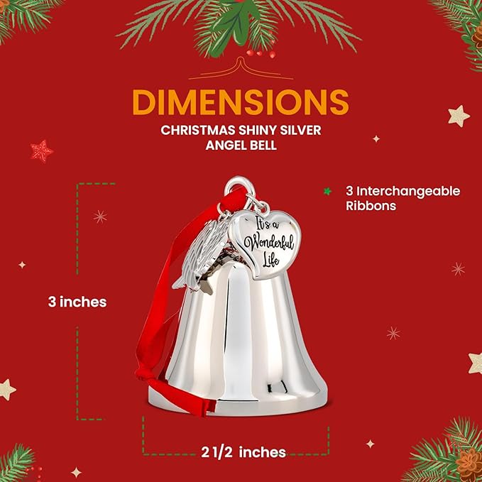 It's a Wonderful Life Inspired Christmas Angel Bell Ornament with Stainless Steel Angel Wing Charm. New Larger Size and Now Comes with 2 Interchangeable Ribbons. (Shiny Silver)