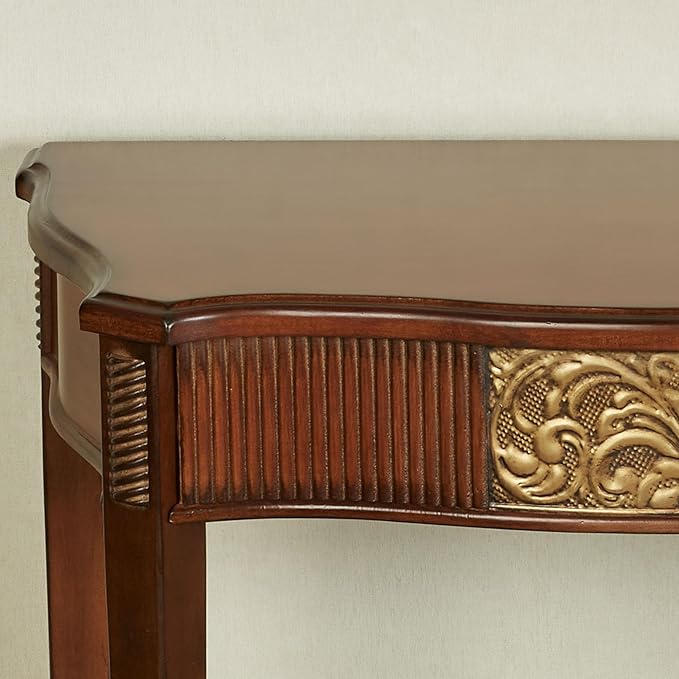 Touch of Class Sarantino Wooden Console Table - Natural Cherry with Aged Gold Details - Traditional Decorative Regal Furniture - Half Circle Moon Shape - Elegant Display for Entryway Room