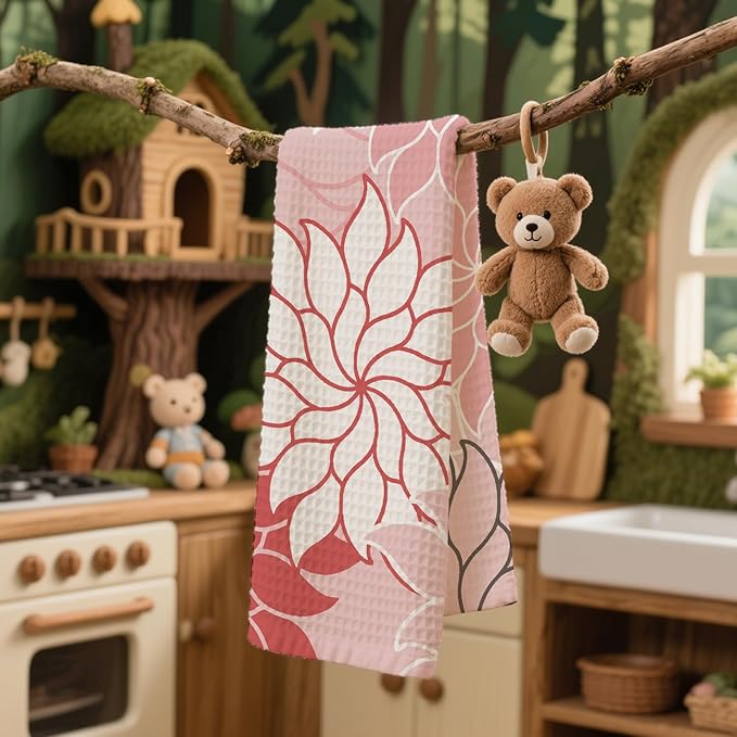 Boho Floral Abstract Waffle Towels, Flower Hand Towel for Bathroom Decor, 16x24 Inch Neutral Pink Flower Dish Tea Towel Decor for Kitchen/Bath/SPA,Gift for Friends.