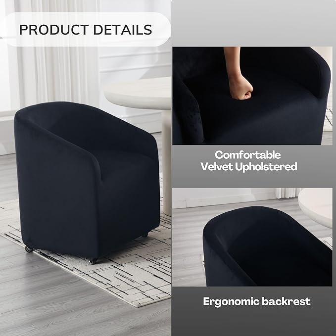 Set of 4 Modern Upholstered Dining Chairs with Swivel Casters, Velvet Barrel Back Accent Side Chair for Dining Room Living Room, Black