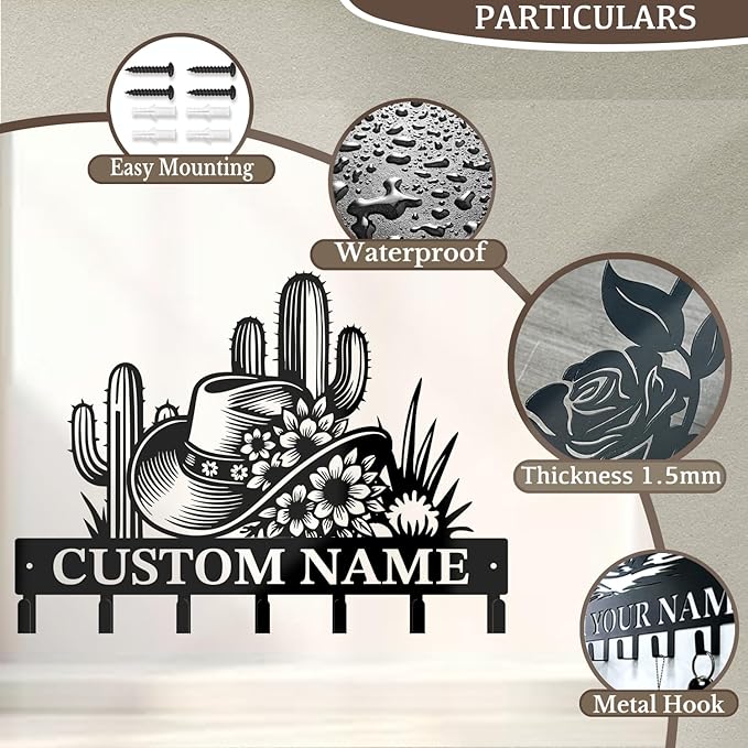 Custom Western Cowboy Metal Iron Key Hooks,Personalized Name & Text Engraving,Decor Wall Keys Holder for Home Entryway (Style A)