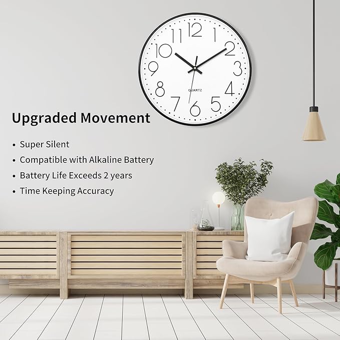 Foxtop 14 Inch Black Wall Clock, Large Silent Non-Ticking Battery Operated Round Quartz Modern Wall Clock Decorative for Office Living Room Bedroom Kitchen Home