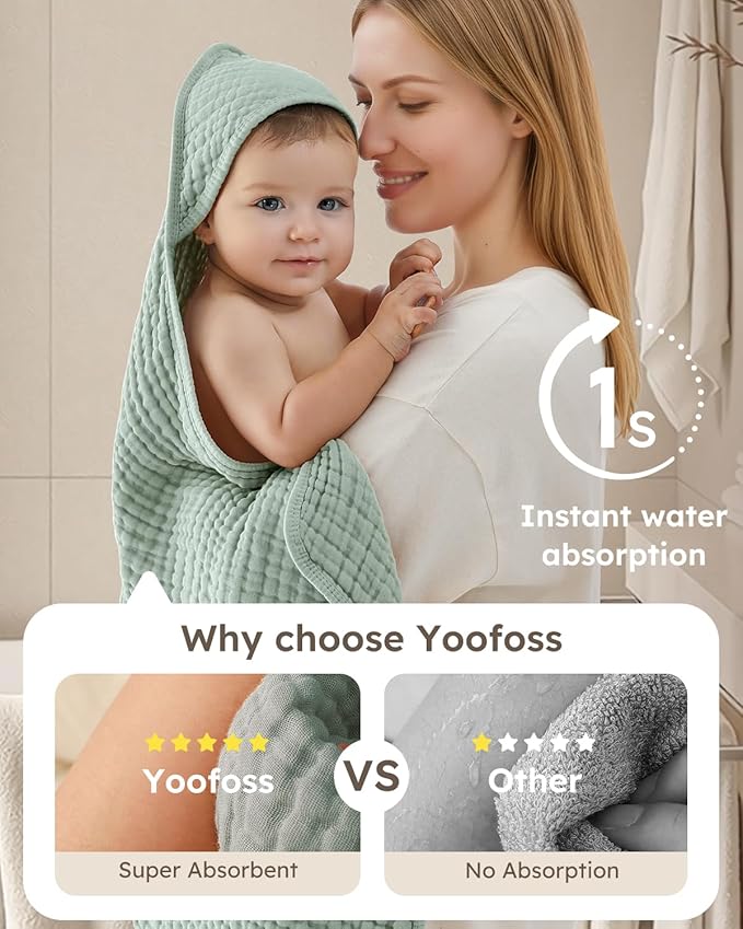 Yoofoss Hooded Baby Towels for Newborn 2 Pack 100% Muslin Organic Cotton Baby Bath Towel with Hood for Babies, Infant, Toddler and Kids, 37.5"x37.5", Soft and Absorbent Newborn Essential,Apricot&Green