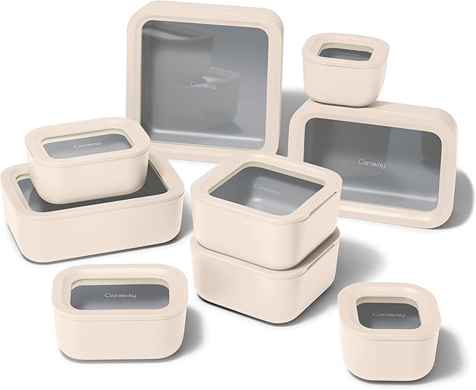 Caraway 22pc Glass Food Storage Set - Storage Containers for Food - Non-Toxic Ceramic-Coated Glass - Air Release Technology - Compact & Stackable Design - Cream