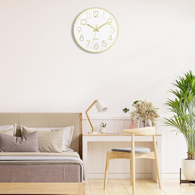 Foxtop 14 Inch Large Silent Non-Ticking Gold Wall Clock Battery Operated Round Quartz Modern Wall Clock Decorative for Living Room Bedroom Kitchen Home Office