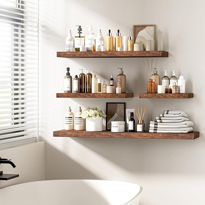 Fun Memories Floating Shelves - 2 Pack 12 Inch Deep Rustic Wooden Wall Shelves - Extra Deeper & Thicker Wall Mounted Storage Shelf for Living Room, Kitchen, Farmhouse - 16" W x 12" D x 1.5" H - Brown