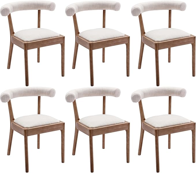 Kmax Dining Room Chairs Mid-Century Modern Fabric Kitchen Chairs with Natural Walnut Finished Frame, Linen Curved Back, Set of 6, Beige