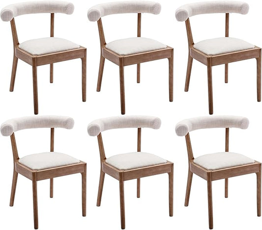 Kmax Dining Room Chairs Mid-Century Modern Fabric Kitchen Chairs with Natural Walnut Finished Frame, Linen Curved Back, Set of 6, Beige