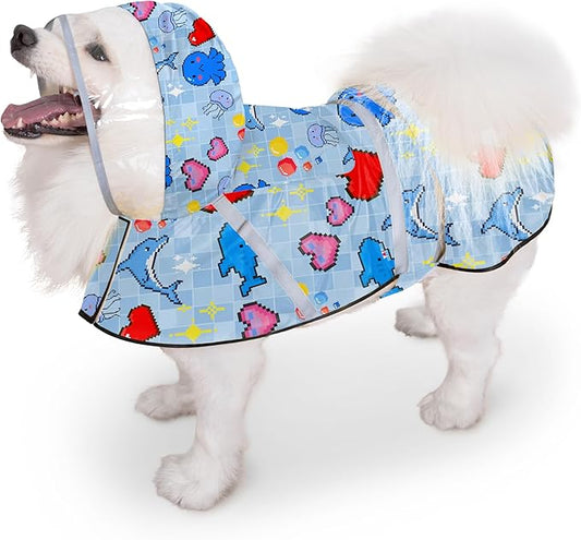 Dog Raincoat, Adjustable Dog Rain Jacket with Clear Hooded Double Layer for Large Medium Small Dogs Puppies, Waterproof Rain Coat Poncho Ocean Dolphin, Blue-L