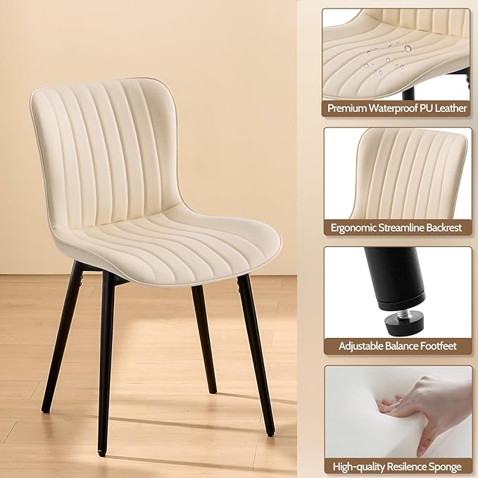 Modern Dining Chairs Set, Heavy Duty Upholstered Side Chairs with Faux Leather, Comfortable Cushions & Durable Metal Legs with Adjustable Feet, Perfect for Kitchen, Dining Room (Beige, Set of 4)