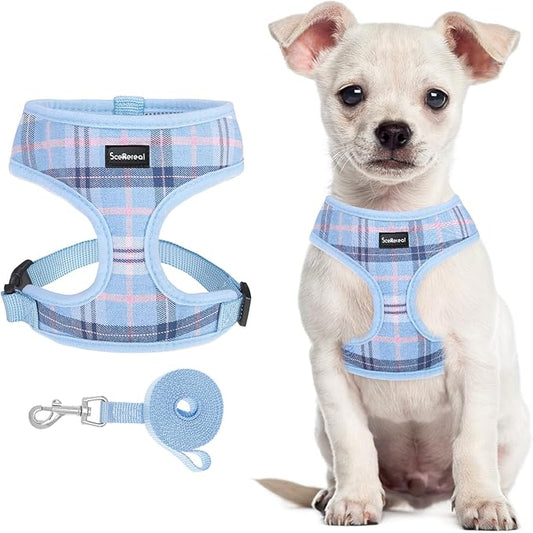 SCENEREAL Puppy Dog Harness with Leash Set for Small Medium Sized Dogs, Soft Mesh Step in Pet Harnesses and Leash, No Chock Plaid Adjustible No Pull Vest for Dogs Cats, Chihuahua,Bulldog (Blue XS)