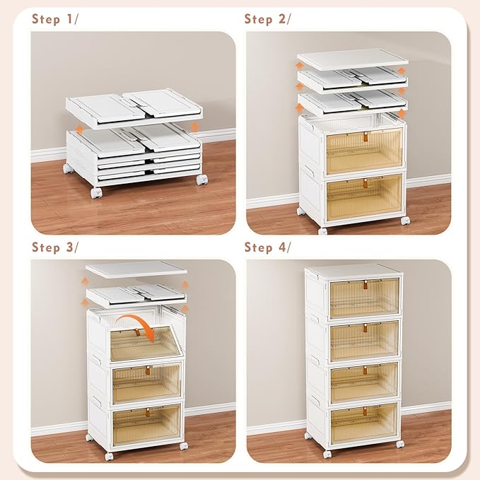 CTSNSLH 4 Tier Plastic Storage Bins and Boxes Organizer - 27Qt Stackable with Lids for Bedroom, Living Room, Office - Foldable Containers