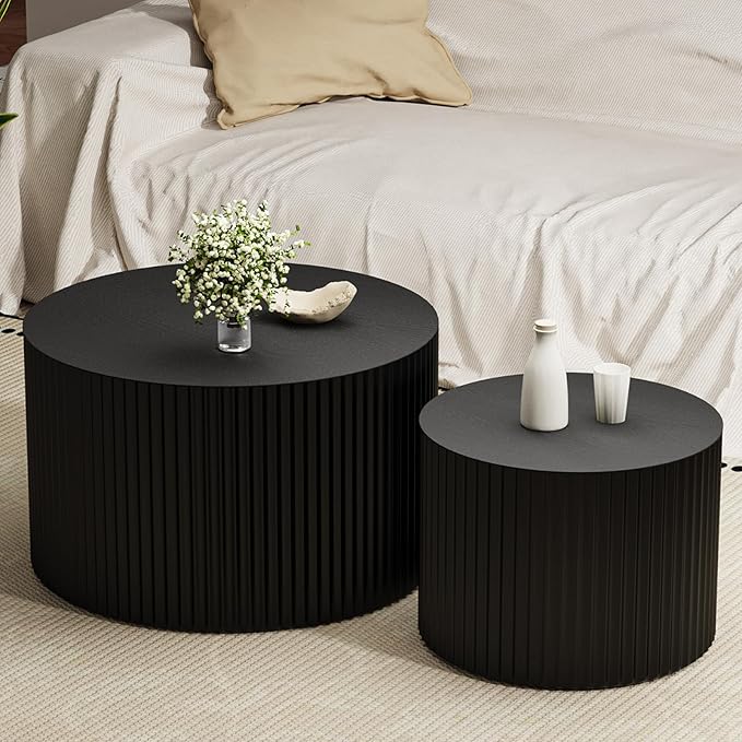 Round Nesting Coffee Table Set of 2, Round Fluted Coffee Tables for Living Room Modern Nesting End Side Tables for Small Spaces (D Black)