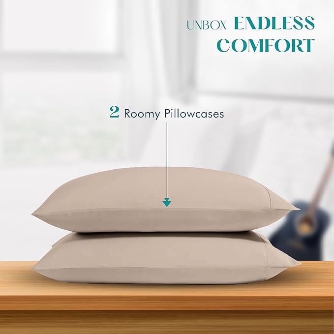 XOOX Linen 100% Egyptian Cotton Pillow Cases King Size Set of 2 - Luxury 1200 Thread Count Sateen Taupe Pillow Covers, Soft & Breathable 5 Star Hotel-Quality Pillowcases, Fits King Size Pillows