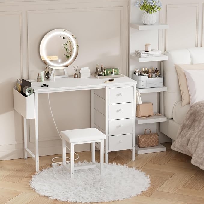 White Vanity Desk with Mirror and Light- Makeup Vanity Set Table with Chair, Storage, Lighted Mirror, 4 Large Fabric Drawers & Power Outlet, Dressing Table Vanities for Girls Bedroom