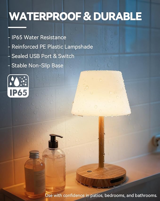 Outdoor Waterproof Shower Lamp, 5200mAh Cordless Rechargeable Table Lamp with Touch Dimming, IP65 Wireless LED Night Light for Patio, Camping, Bathroom, Restaurant & Kitchen (Wood Grain)