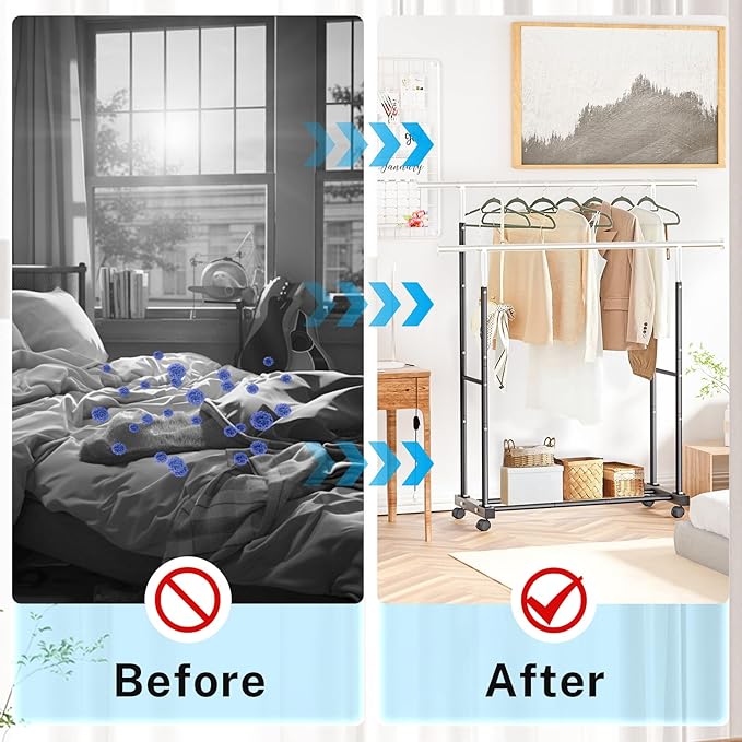 Double Clothing Rack, 130LB Capacity Heavy Duty Garment Rack with Wheels and Bottom Shelf, 55.51 Inch Long Rolling Clothes Racks for Hanging Clothes, Black