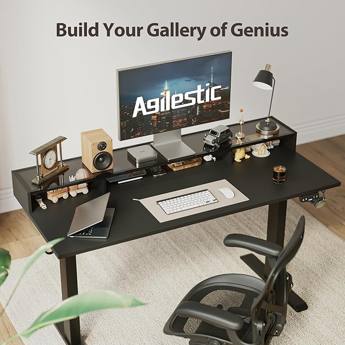 Agilestic Glass Standing Desk with Storage, 48 Inch Electric Adjustable Desk with Glass Shelf, Sit Stand Up Home Office Computer Table, Splice Board, Black