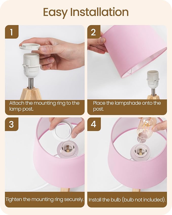 Small Tripod Table Lamp, Modern Nightstand Lamp with Fabric Shade, Boho Bedside Wood Desk Light for Bedroom, Kids Room, Living Room, Office, Study, Pink, P51TL05