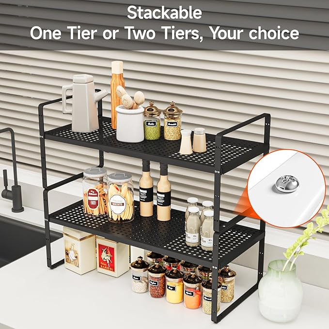 2Pack 16.5-27’’L Expandable Stackable Cabinet Shelves, Adjustable Spice Rack Cabinet Shelf Organizer for Kitchen, Countertop, Pantry and Cupboard, Black