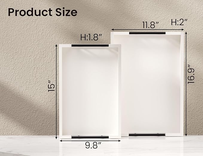 Bamboo Set of 2 Serving Tray with Metal Handles,Ottoman Decorative Trays Platter for Coffee Table,Living Room,Bar,Party(White)