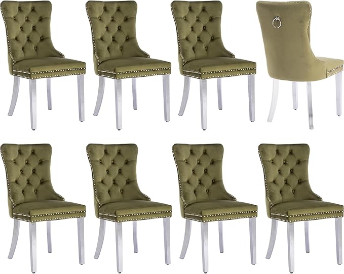 Luxury Upholstered Dining Chairs Set of 8, Olive Green Kitchen Chair with Silver Metal Legs, Velvet Tufted Back Dining Chair, Sillas de Comedor, Modern Kitchen & Dining Room Chairs (Olive, 8 Pcs)