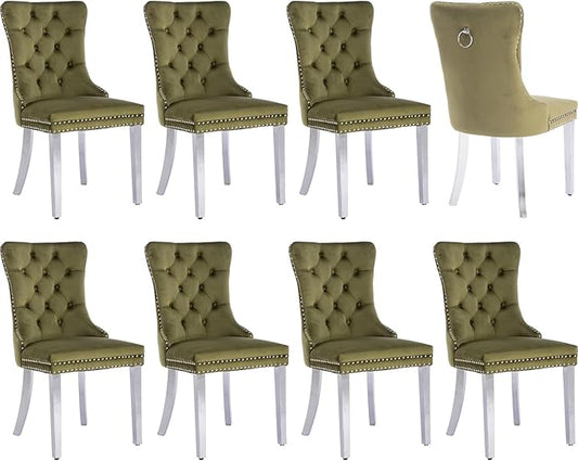 Luxury Upholstered Dining Chairs Set of 8, Olive Green Kitchen Chair with Silver Metal Legs, Velvet Tufted Back Dining Chair, Sillas de Comedor, Modern Kitchen & Dining Room Chairs (Olive, 8 Pcs)