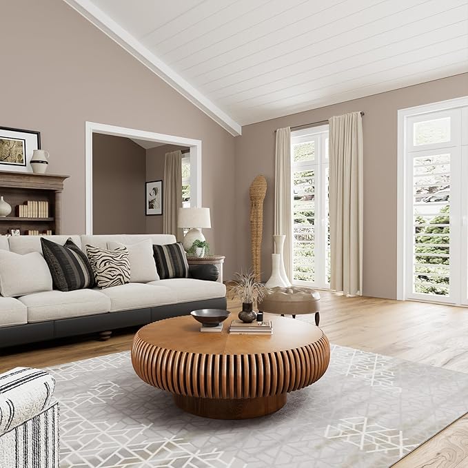 Round Fluted Coffee Table Modern Handcraft Drum Coffee Table with Sturdy Pedestal 31.5" Farmhouse Center Table Tea Table for Living Room, Reception Room, Entertainment Room (Brown 39.37inch)