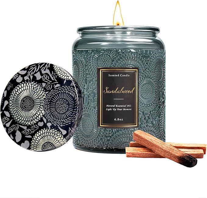 Sandalwood Scented Candle for Home, Luxury Glass Candles Soy Wax for Men and Women, Aromatherapy Candle Gift for Christmas Birthday Mother, 6.8 oz