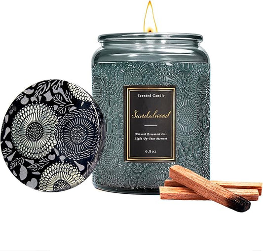 Sandalwood Scented Candle for Home, Luxury Glass Candles Soy Wax for Men and Women, Aromatherapy Candle Gift for Christmas Birthday Mother, 6.8 oz