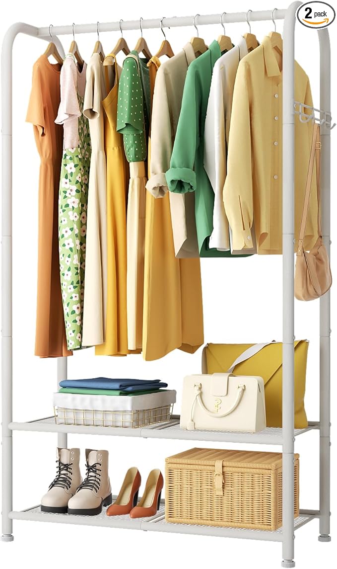 SINGAYE Clothing Racks Portable for Hanging Clothes Garment Rack Heavy Duty Clothes Rack Storage Coat Hanger Stand Portable Closet to Hang with Shelves Wardrobe Standing Organizer Drying White